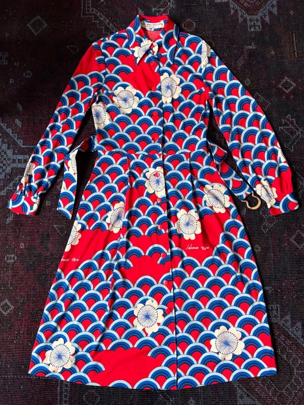 RARE Vintage Hanae Mori Midi Shirt Dress | Seigaiha Wave & Floral | Sz 2 Xs S - Picture 3 of 10
